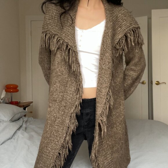 Vintage y2k Le Chateau Fringe Knit Long Cardigan w Tie - Picture 1 of 11